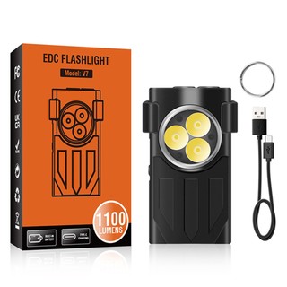 V7 / v3 mini đèn pin móc khóa đèn siêu sáng sạc đèn pin ngoài trời đèn led làm việc type-c sạc usb 1100 lumens