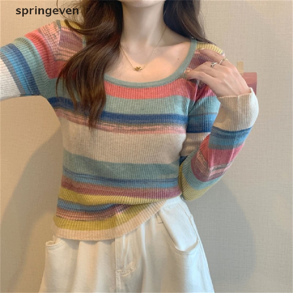 Áo Sweater Dệt Kim Tay Dài Cổ Vuông Họa Tiết Kẻ Sọc Nhiều Màu Sắc Thời Trang Cho Nữ