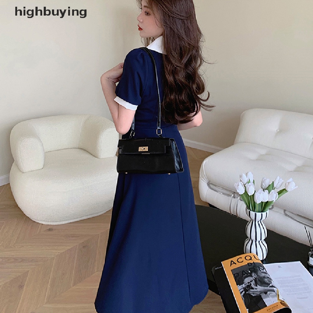 Hbvn Belle Peter Pan Đầm Midi Tay Phồng Phối Màu Thổ Cẩm Có Dây Cột Ở Giữa Bắp Chân Mùa Hè Cho Nữ