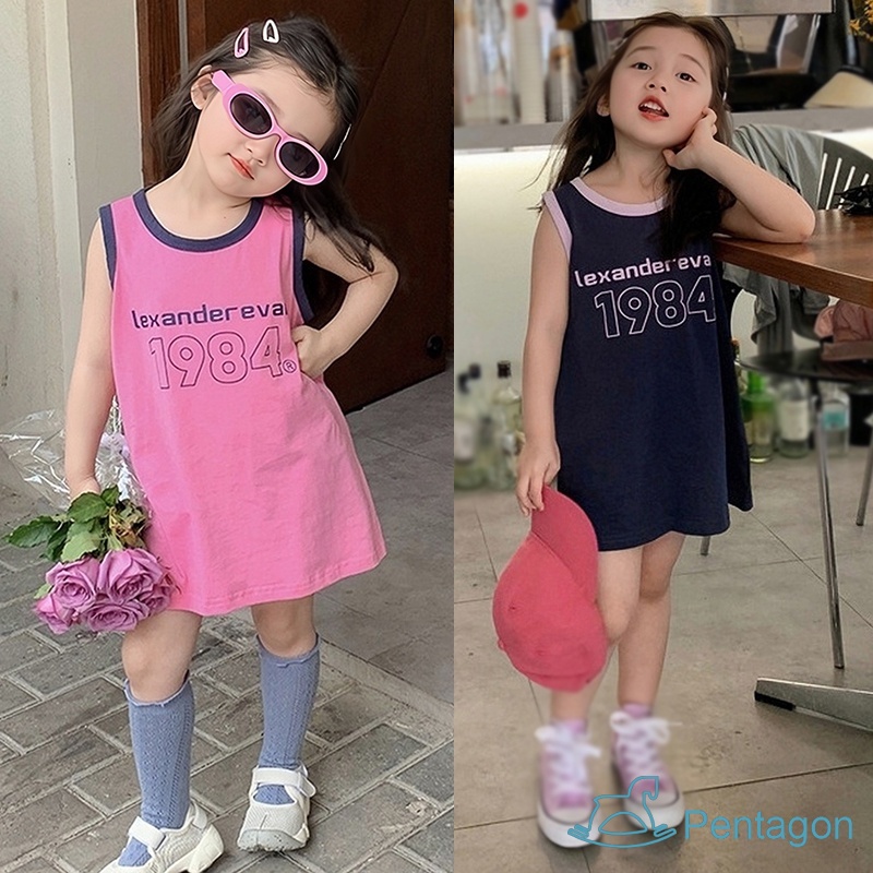 Đầm Thun Không Tay Cổ Tròn In Chữ Thời Trang Mùa Hè Dành Cho Bé Gái