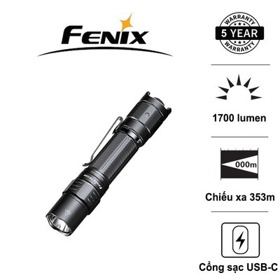 Đèn pin tác chiến FENIX PD35R sáng 1700lm chiếu xa 353m sạc USB-C pin 18650 3400mAh
