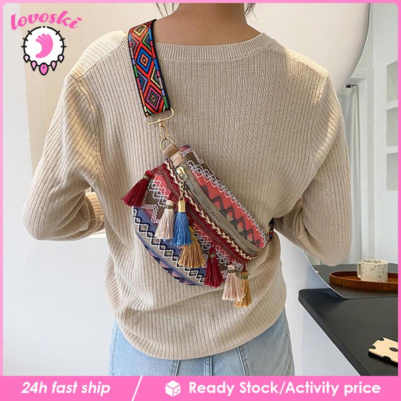 Túi Đeo Chéo Ngực Phối Tua Rua Phong Cách Bohemian Thời Trang