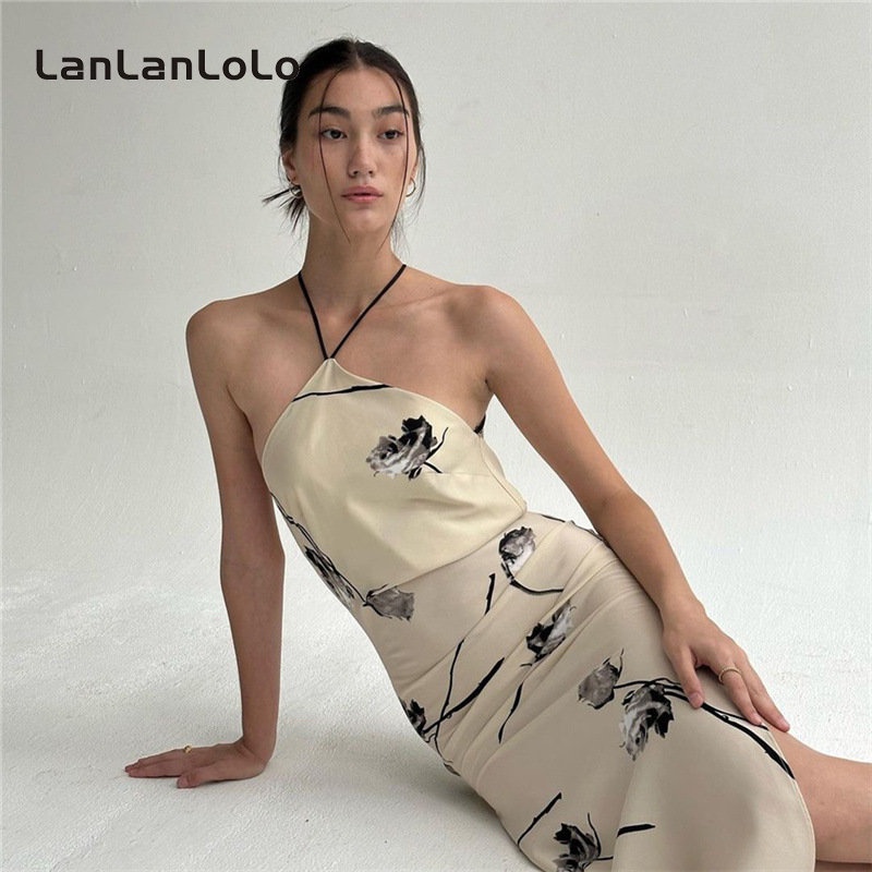 Đầm Dài Sát Nách Hở Lưng Eo Cao Vải Satin In Họa Tiết 2023 Cho Nữ