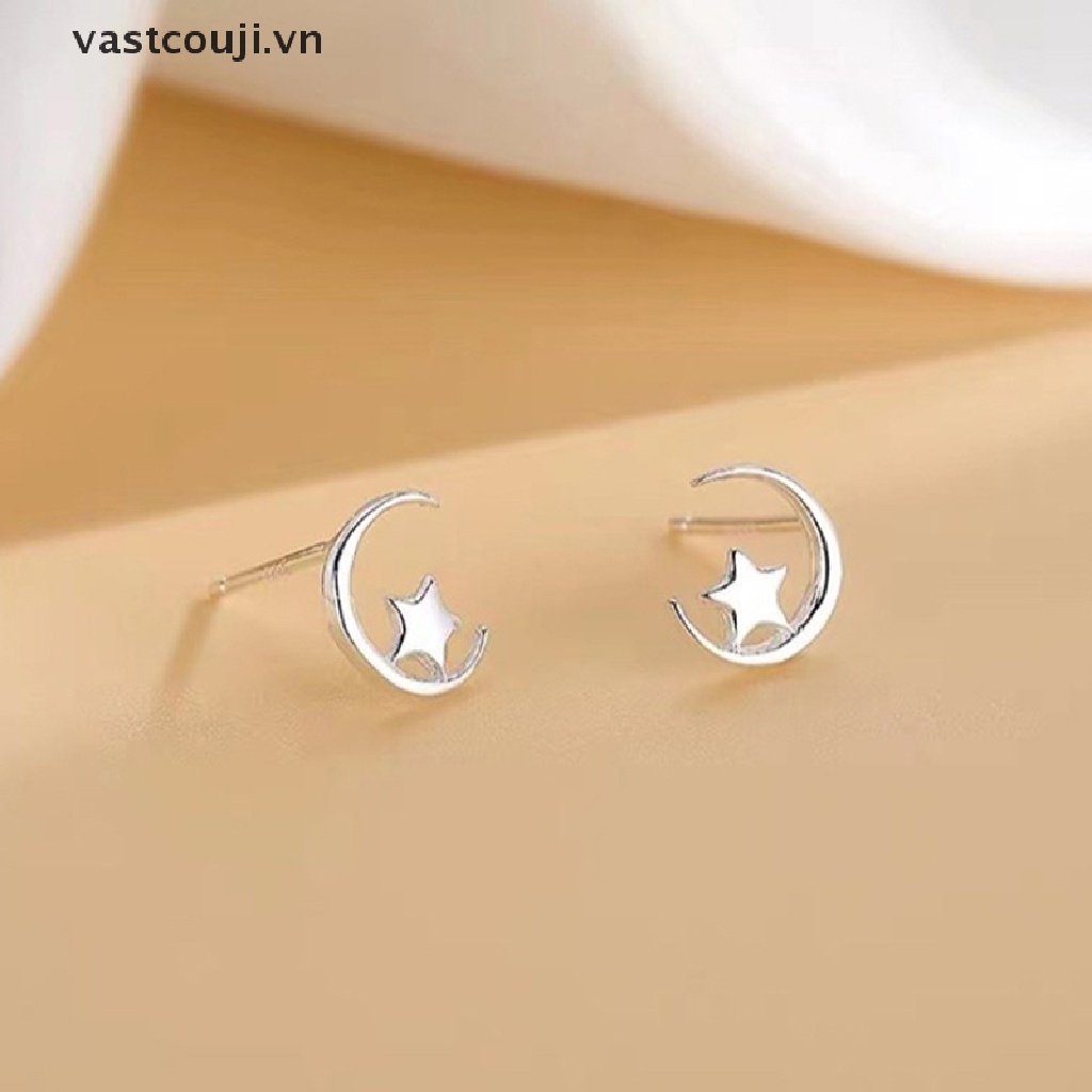 Khuyên Tai Bạc Mini Hình Mặt Trăng Và Ngôi Sao Dễ Thương Thời Trang Cho Nữ