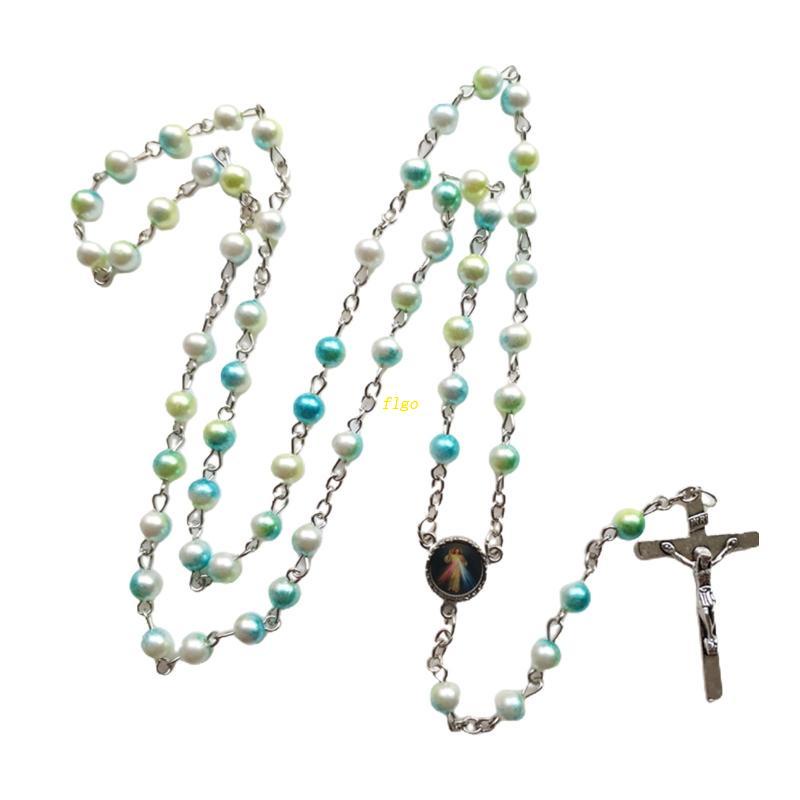 Flgo Christ Crucifix Chuỗi Hạt Xỏ Vòng cổ Hai Lớp Mặt Thánh Giá Mary Y