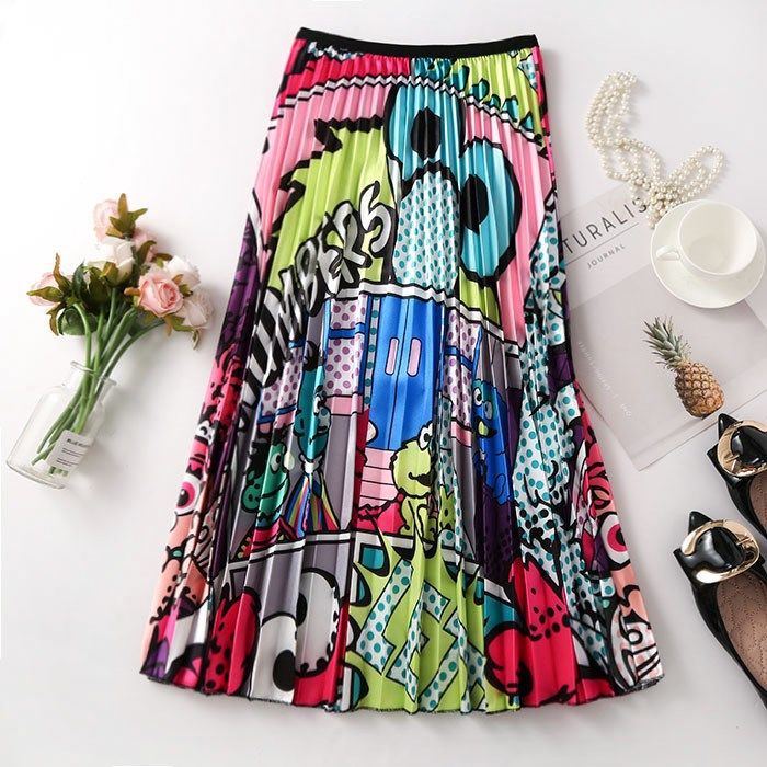 Chân Váy Midi Xếp Ly Lưng Thun In Họa Tiết Hoạt Hình Thời Trang Xuân Hè Cho Nữ