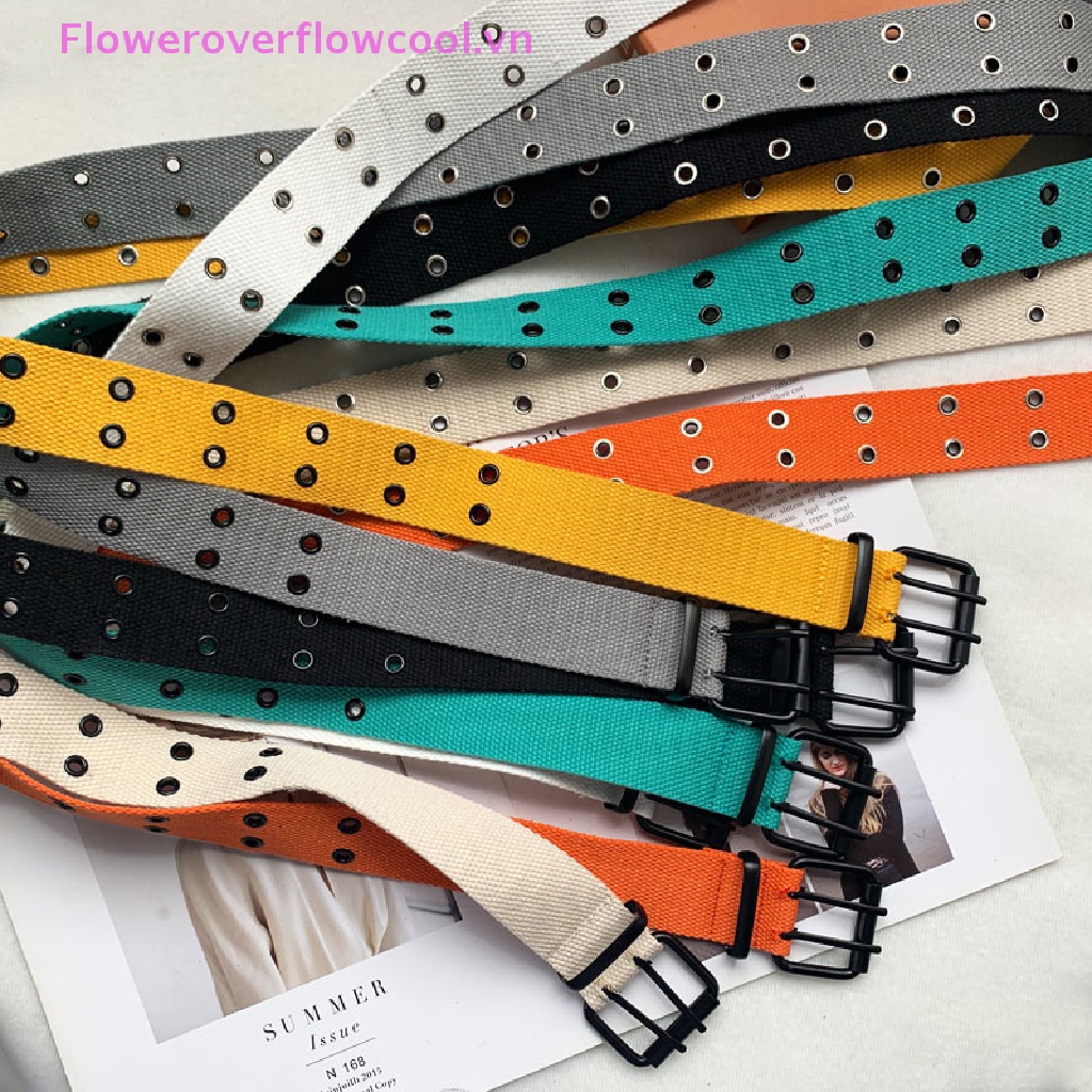 Thắt Lưng Vải Canvas Phối Hai Hàng Nút Lỗ Phong Cách Harajuku Mới Cho Nam Và Nữ