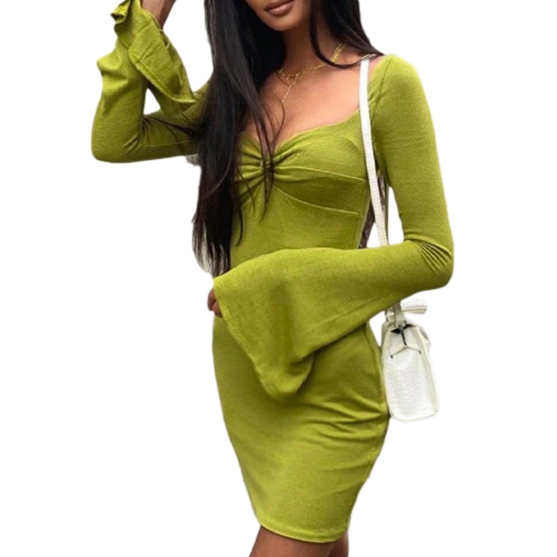 Đầm Mini Ôm Dáng Tay Dài Loe Cổ Xoắn Thắt Nút Trước Thời Trang Cho Nữ