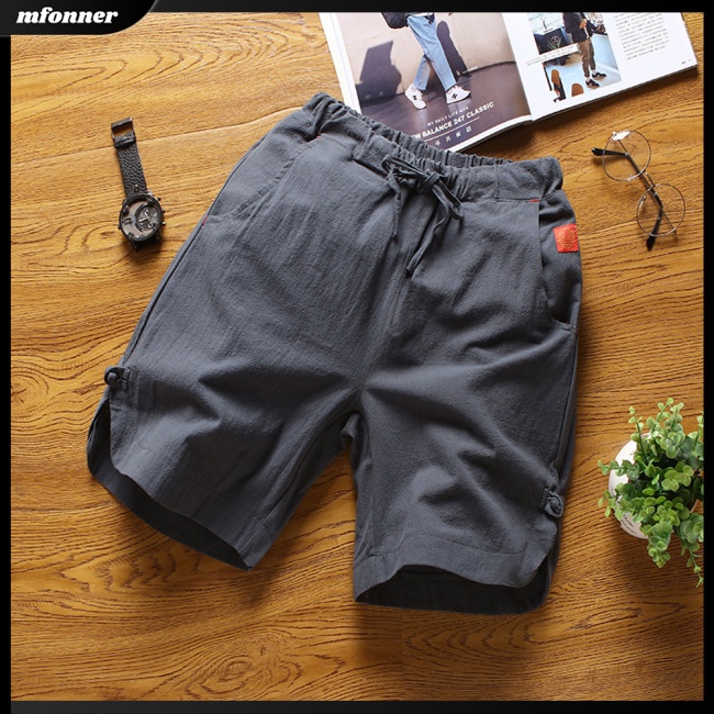 Quần Lửng Thể Thao Bằng Cotton Lanh Dáng Rộng Eo Lửng Có Dây Rút Cho Nam
