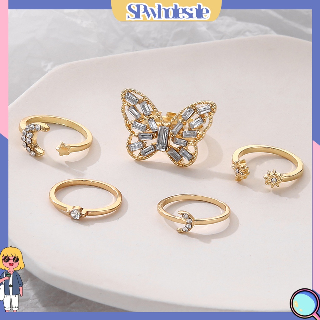 <SPwholesale> Set 5 Nhẫn Đeo Khớp Ngón Tay Họa Tiết Bướm / Mặt Trăng / Ngôi Sao Đính Đá Thời Trang