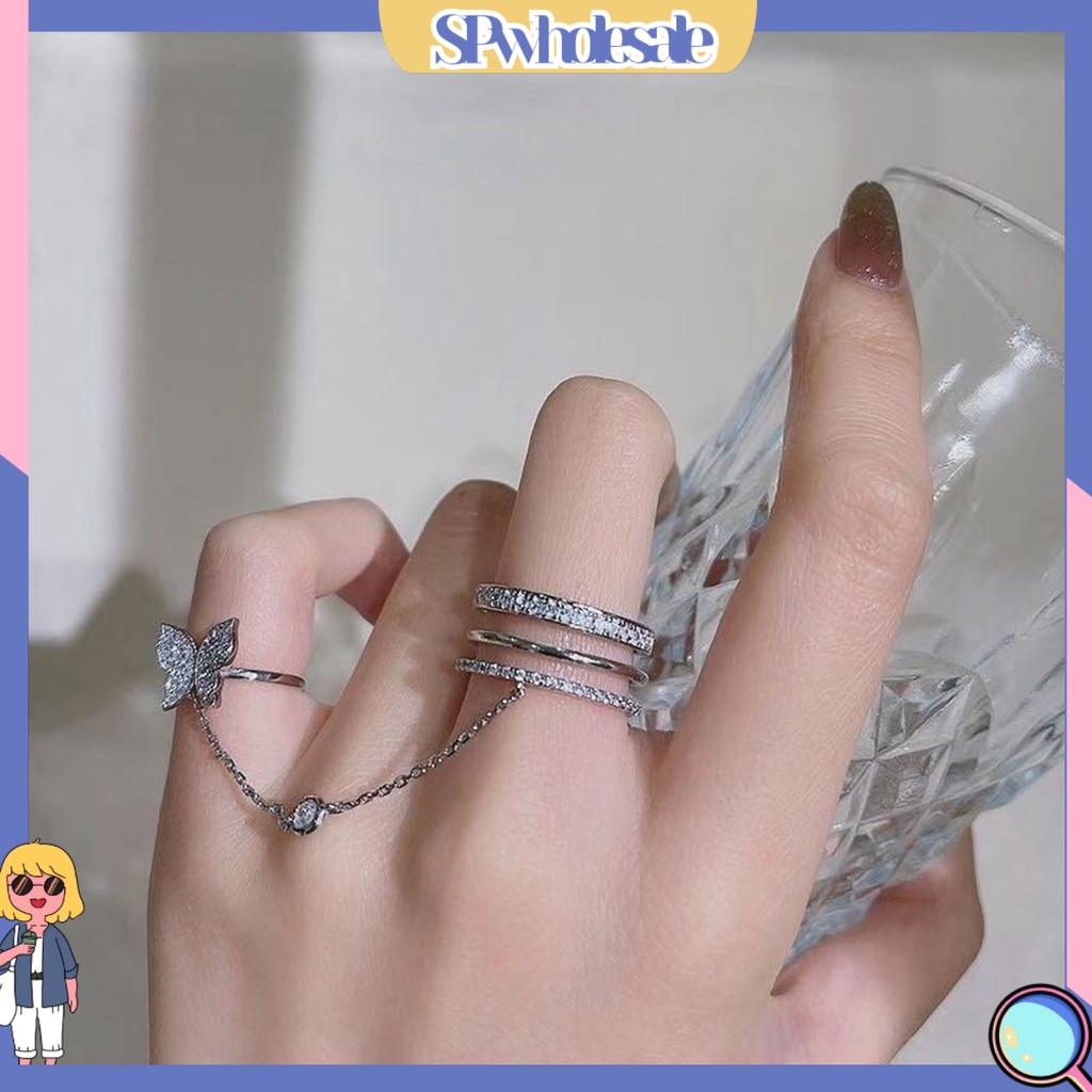 <SPwholesale> Bộ Nhẫn Hở Ba Lớp Sáng Bóng Đính Đá Hình Bướm Tua Rua Làm Quà Sinh Nhật Cho Nữ