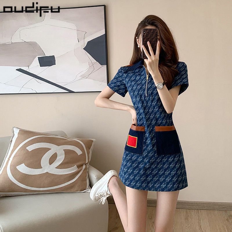 Đầm Denim Cao Cấp Cổ polo Họa Tiết Hoa Phong Cách Pháp Thời Trang Mùa Hè Mới Cho Nữ