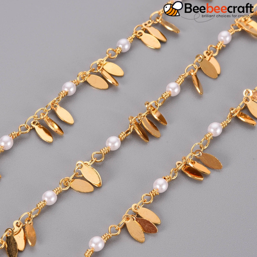 1 Cuộn Dây Chuỗi Hạt Ngọc Trai Giả Bằng Nhựa ABS Mạ Vàng 18K 11.5x3x3mm Và 3.8x2.5x0.3mm khoảng 16.4 Feet (5m) / roll
