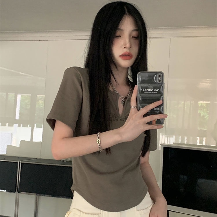 COZOKC Áo Thun Tay Ngắn Cổ Chữ V In Chữ Phong Cách Vintage