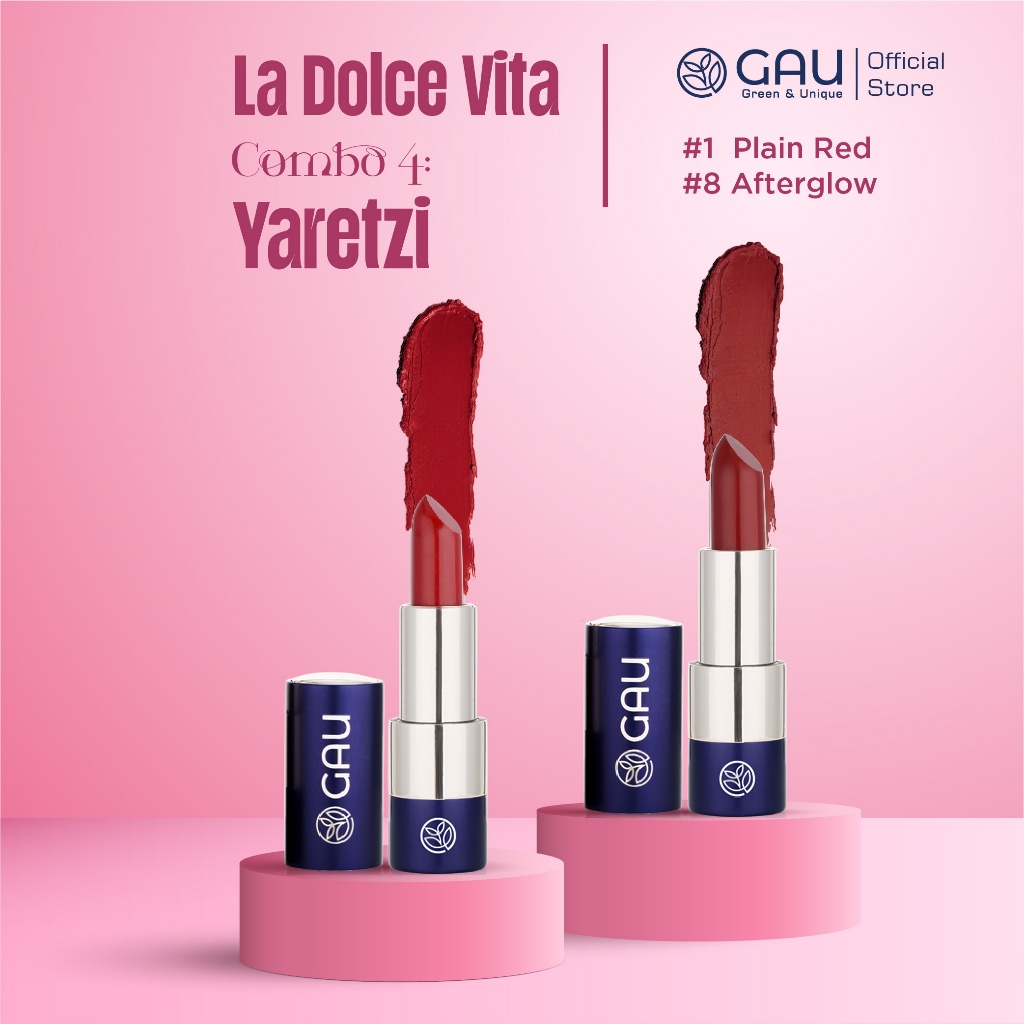 Combo 2 Son Lì Tự Nhiên Yaretzi Chính hãng GAU Màu Plain Red, Afterglow Dạng Thỏi Không Chì, Lâu Trôi An Toàn