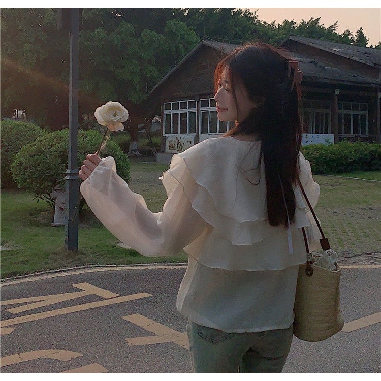 Áo Sơ Mi Chiffon Cổ Búp Bê Màu Tím Phong Cách Thời Trang Pháp Dành Cho Nữ