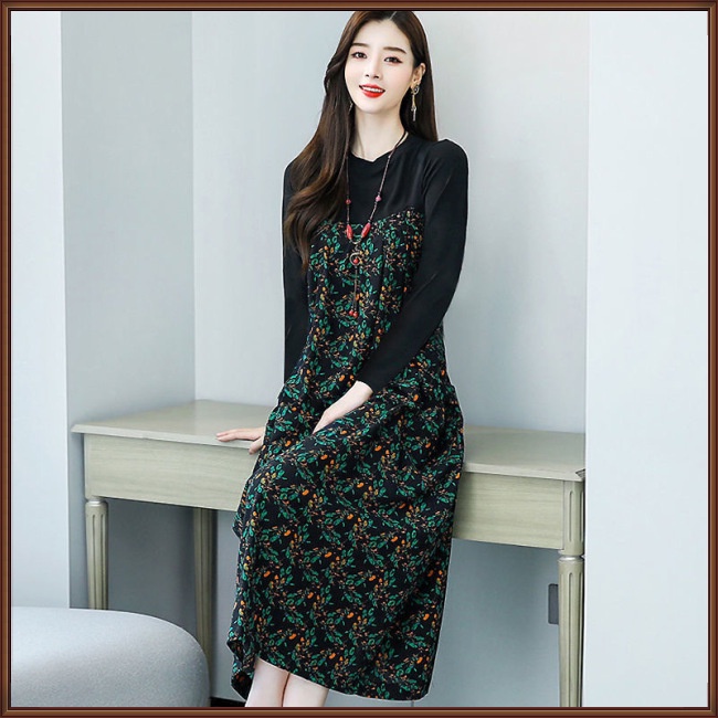 Đầm Chữ A Tay Dài Cổ Tròn Dáng Rộng In Họa Tiết Hoa Xinh Xắn Thời Trang Cho Nữ