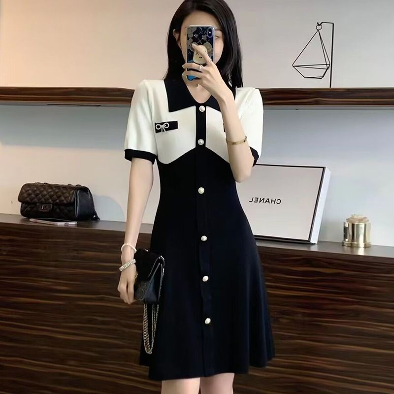 Đầm Thun polo Ngắn Tay Màu Sắc Tương Phản Phong Cách Retro Cao Cấp