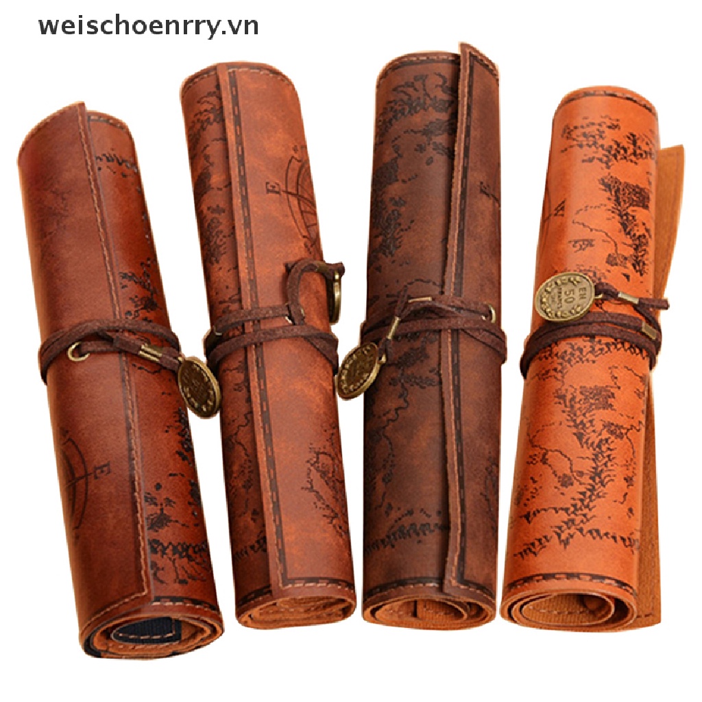 Túi Đựng Bút / Cọ Trang Điểm Bằng Da Canvas Họa Tiết Bản Đồ Kho Báu Cổ Điển