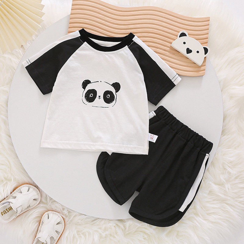 Set Đồ Mùa Hè 2 Món Gồm Áo Thun Cotton Tay Cộc In Hình Gấu Trúc + Quần Ngắn Cho Bé 0-4 Tuổi