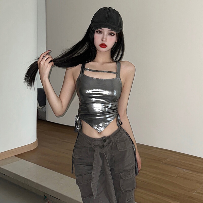 Kliou Áo Sát Nách Dạng Treo Màu Bạc Nhám Cổ Điển Gợi Cảm Cao Cấp Phong Cách Đường Phố Trẻ Trung Mùa Hè 2023