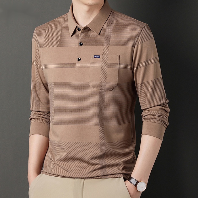 ☞Áo Thun polo Tay Dài Dáng Ôm In Họa Tiết Kẻ Sọc Ngang Có Túi Thời Trang Cho Nam