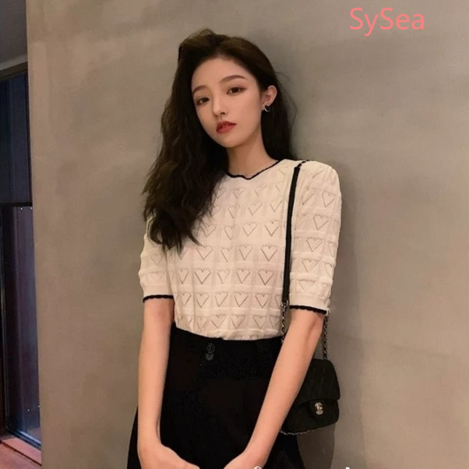 Áo Thun Lụa Ngắn Tay Họa Tiết Trái Tim Xinh Xắn Thời Trang Mùa Hè Cho Nữ