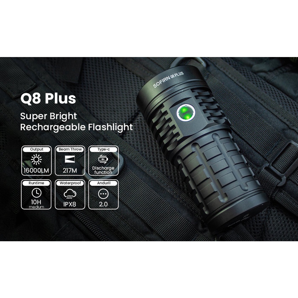 Đèn pin siêu sáng SOFIRN Q8 Plus độ sáng 16000 lumen chiếu xa 554m kèm 3 pin 21700 dung lượng 5000mAh USB-C Powerbank