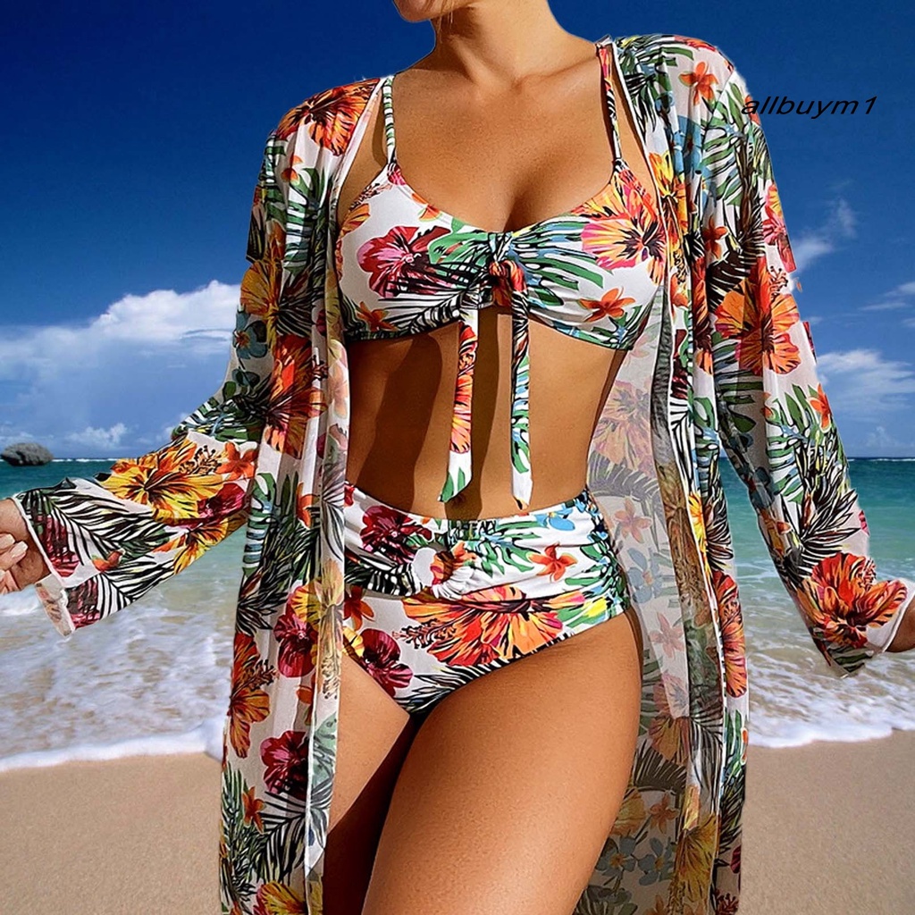 Bộ Bikini 3 Mảnh Lưng Cao Có Dây Cột Phía Trước In Họa Tiết Hoa Lá + Quần Lót Quyến Rũ Cho Nữ