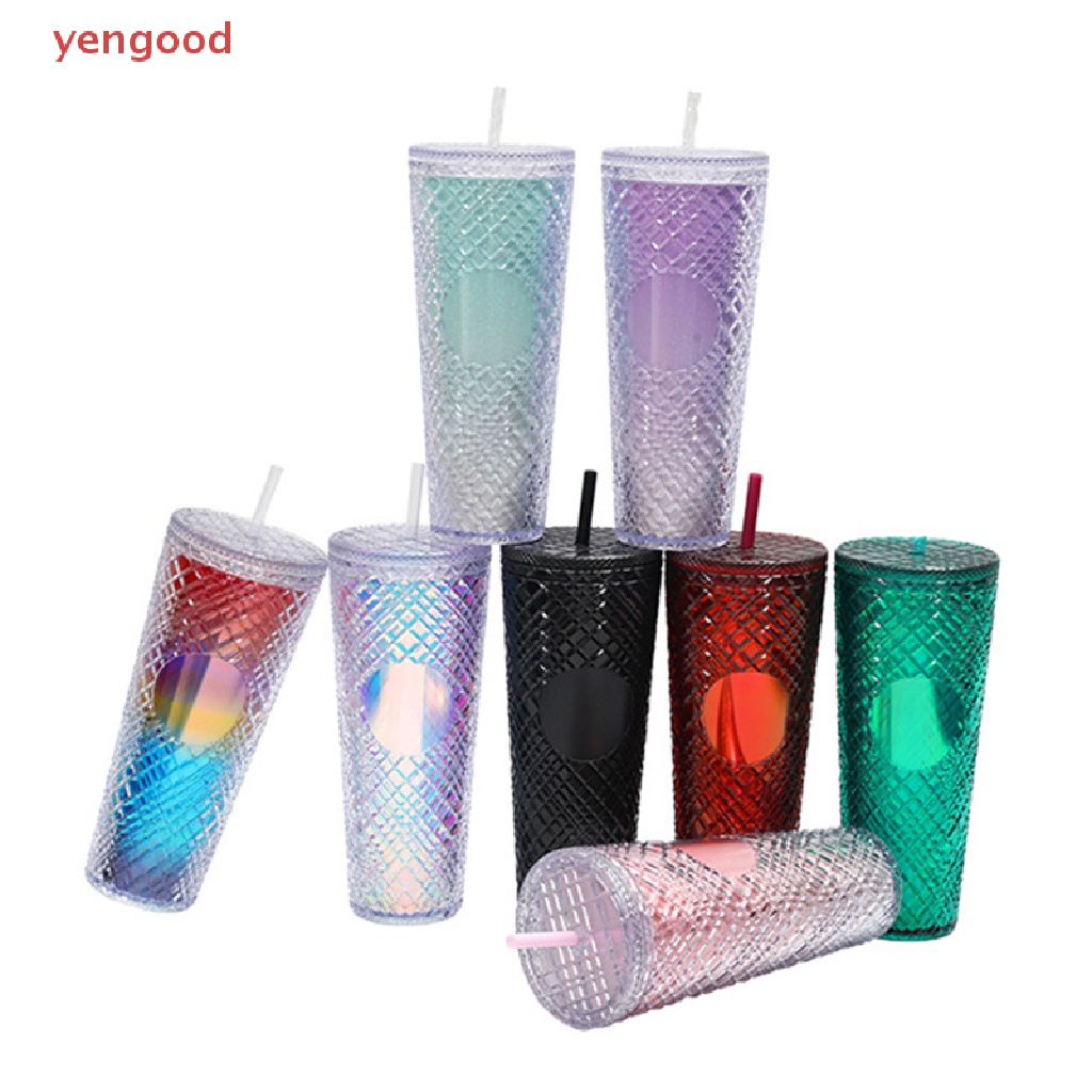 Cốc Uống Nước Hai Lớp Bằng Nhựa Có Nắp Và Ống Hút Có Thể Tái Sử Dụng