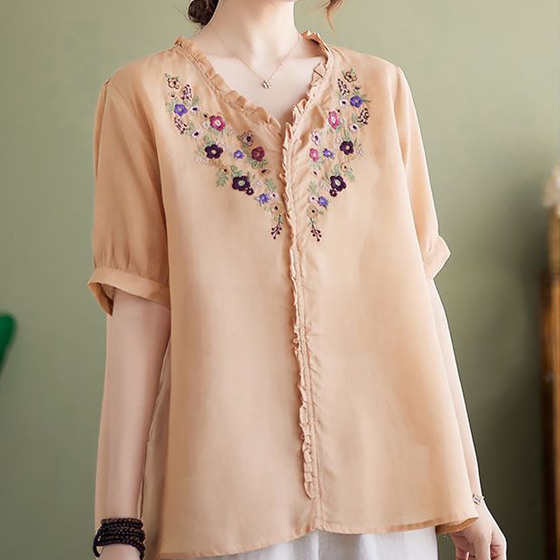 Áo Sơ Mi Vải Lanh cotton Thêu Họa Tiết Phong Cách Trung Hoa Cho Nữ