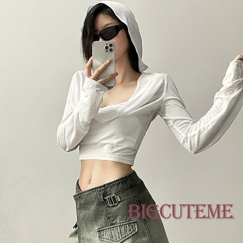 [] - Áo Sơ Mi Có Mũ Trùm Đầu Màu Trơn Ôm Dáng Vừa Vặn Tay Dài Đường Phố Câu Lạc Bộ Đường Phố Cho Nữ