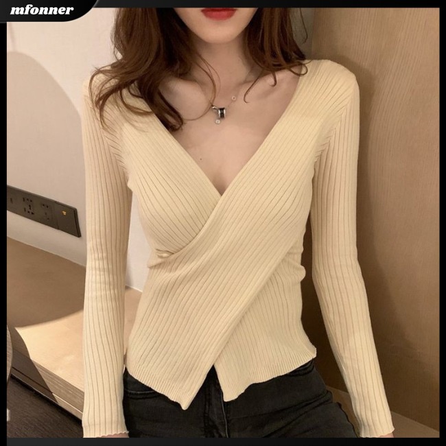 Áo Sweater Dệt Kim Tay Dài Cổ Chữ V Dáng Ôm Màu Trơn Thời Trang Cho Nữ