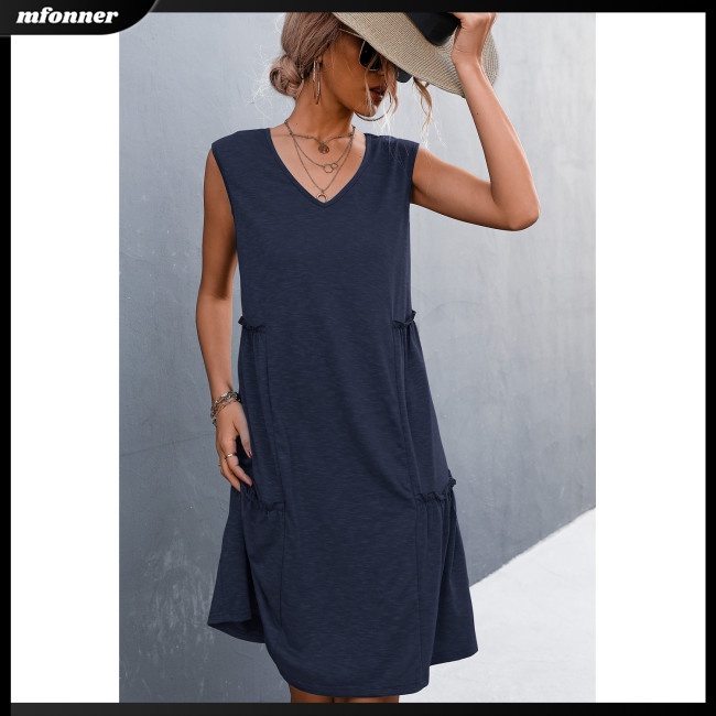 Đầm Chữ A Sát Nách Dáng Rộng Cổ Chữ V Màu Sắc Đơn Giản Cho Nữ