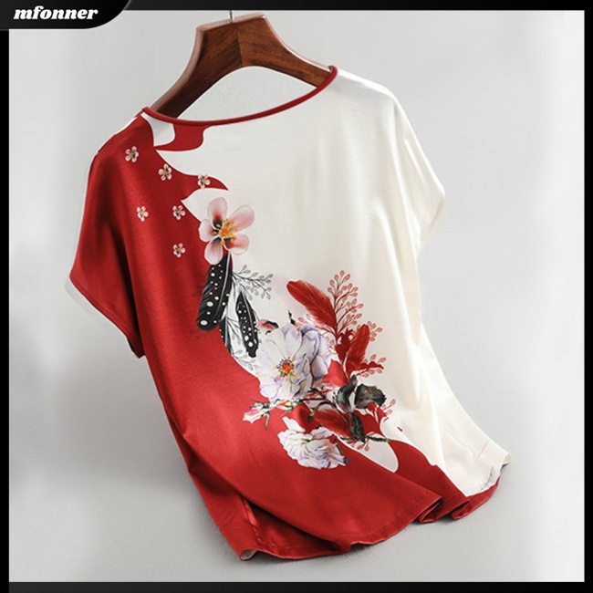 Áo Thun Tay Ngắn Cổ Tròn Vải Lụa Mát In Họa Tiết Thổ Cẩm Thời Trang Mùa Hè Cho Nữ