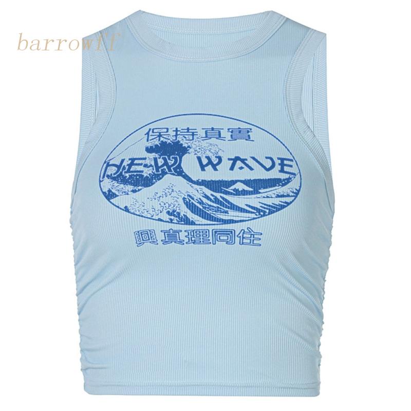 Brroa Áo Crop Top Dệt Kim Không Tay Dáng Ôm In Nhân Vật Hoạt Hình Trung Hoa Có Gân Cho Nữ Aesth