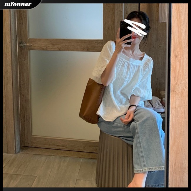 Áo Sơ Mi Tay Ngắn Phồng Cổ Vuông Màu Sắc Trơn Phong Cách Hàn Quốc Dành Cho Nữ