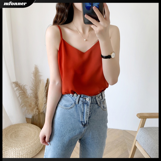 Áo Voan Hai Dây Cổ Chữ V Dáng Rộng Màu Trơn Thời Trang Mùa Hè Dành Cho Nữ