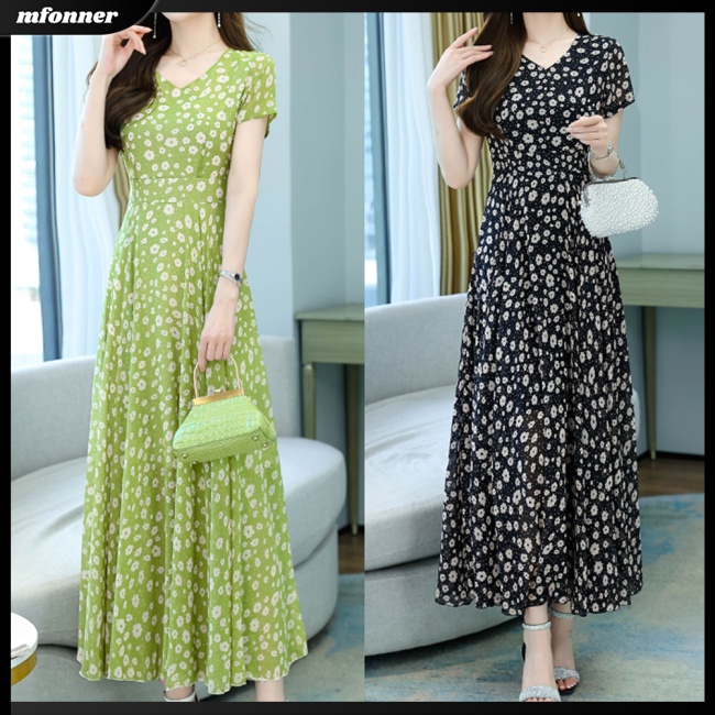 Đầm Dài Tay Ngắn Cổ Chữ V Eo Cao Bằng Lụa Mát in Họa Tiết Hoa Cúc Thanh Lịch Thời Trang Mùa Hè Dành Cho Nữ