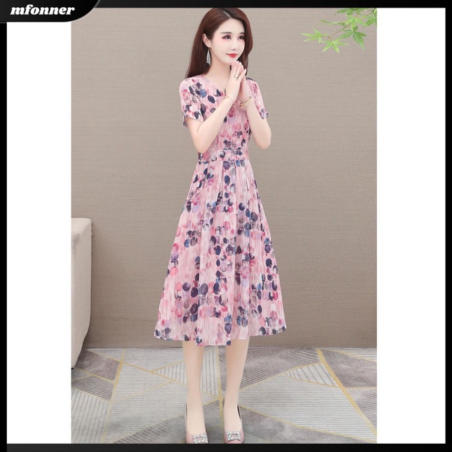 Đầm Midi Chữ A Tay Ngắn Cổ Chữ V Vải Lụa Lạnh In Hoa Thời Trang Mùa Hè Cho Bạn Gái