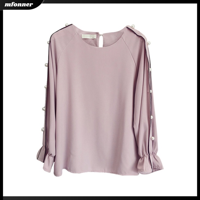 Áo Sơ Mi Chiffon Tay Dài Ống Loe Đính Hạt Cổ Tròn Màu Sắc Trơn Dành Cho Nữ