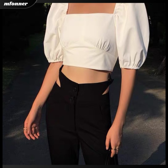 Áo Thun Croptop Cotton Cổ Vuông Tay Phồng Hở Lưng Màu Sắc Đa Dạng Cho Nữ