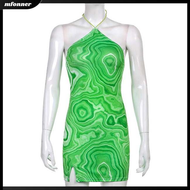 Đầm Ngắn Cổ Yếm Hở Lưng Ôm Dáng In Họa Tiết Trừu Tượng Quyến Rũ Cho Nữ