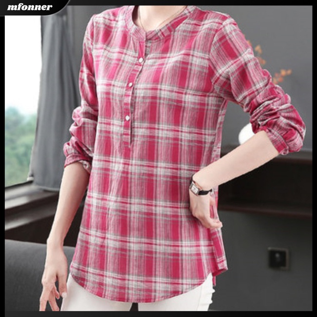 Áo Sơ Mi Cotton Lanh Tay Dài Cổ Tròn Kẻ Sọc Nhiều Màu Thoáng Khí Phong Cách Retro Cho Nữ