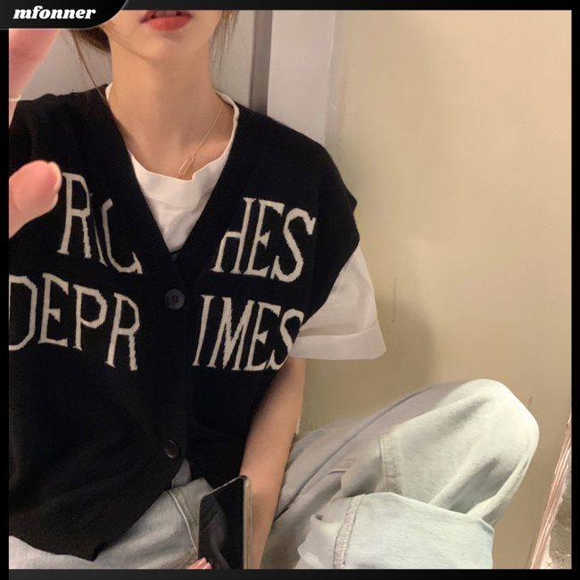 Áo Khoác Cardigan Dệt Kim Dáng Rộng Cổ Chữ V Màu Trơn In Chữ Thời Trang Cho Nữ