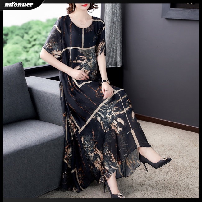 Đầm Dáng Chữ A Tay Ngắn Cổ Tròn In Họa Tiết Kiểu Retro Xinh Xắn Cho Bạn Gái