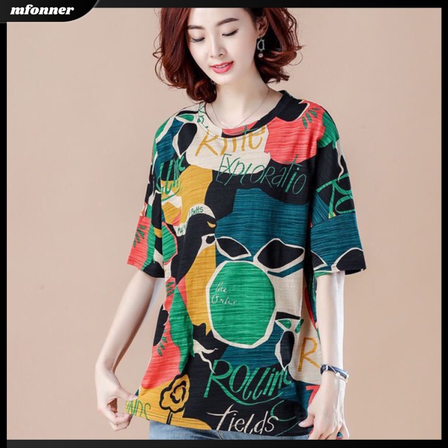 Áo Thun Tay Ngắn Dáng Rộng Cổ Tròn In Họa Tiết Thời Trang Cho Nữ