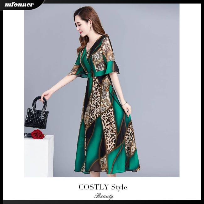 Đầm Midi Giả Lụa Mát Tay Ngắn Cổ Tròn In Họa Tiết Phong Cách Cổ Điển Thời Trang Cho Nữ