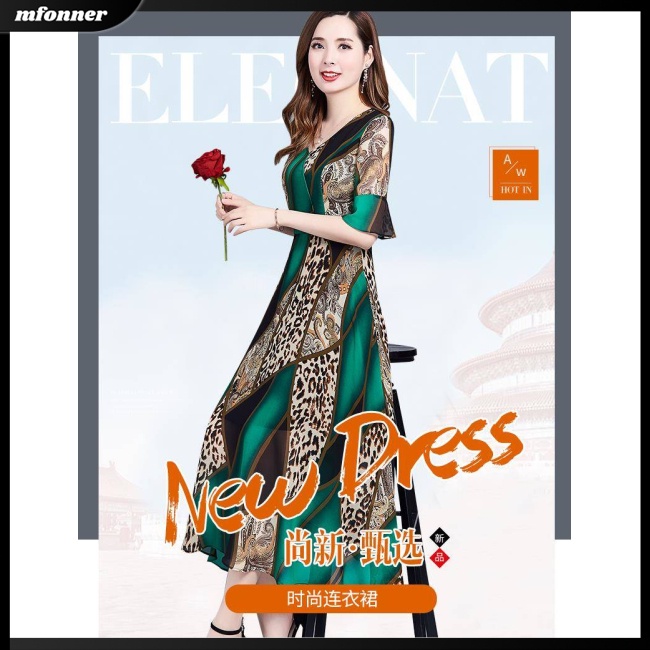 Đầm Midi Giả Lụa Mát Tay Ngắn Cổ Tròn In Họa Tiết Phong Cách Cổ Điển Thời Trang Cho Nữ