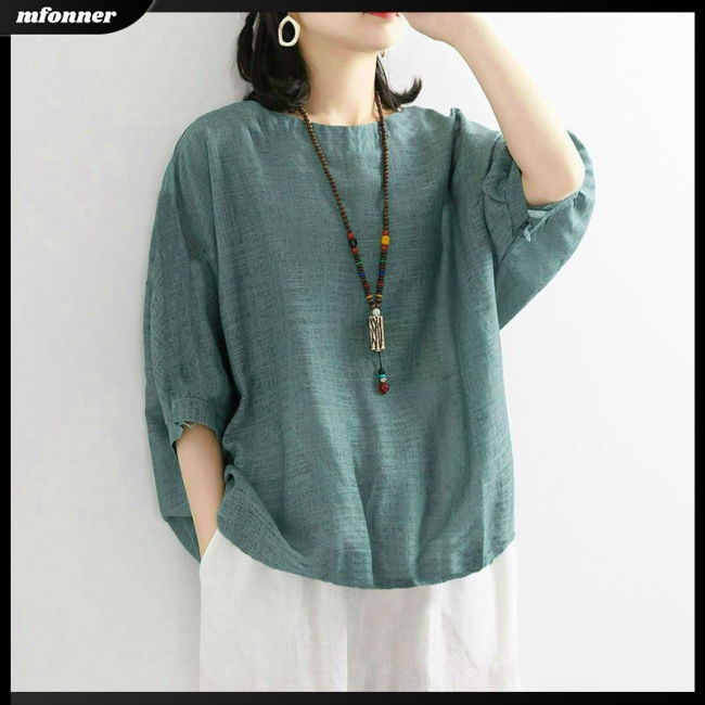 Áo Thun Cotton Lanh Tay Ngắn Dáng Rộng Màu Sắc Đơn Giản Trẻ Trung Dành Cho Nữ